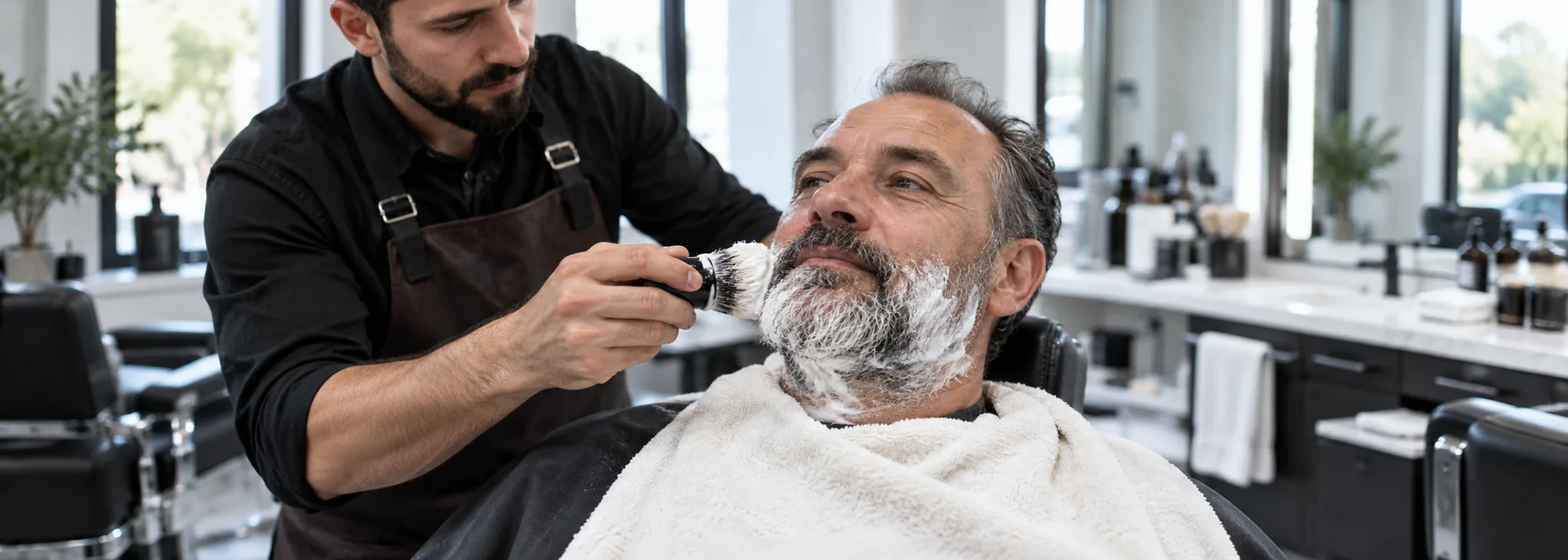 Un barbero prepara una barba canosa con espuma y brocha