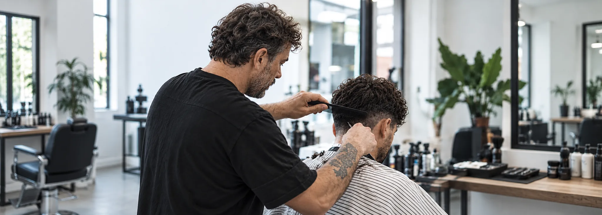 Un barbero trabaja los rizos con peine y tijeras en un estudio luminoso