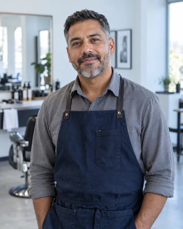 Mateo, de cabello corto y barba entrecana, con delantal azul en el estudio