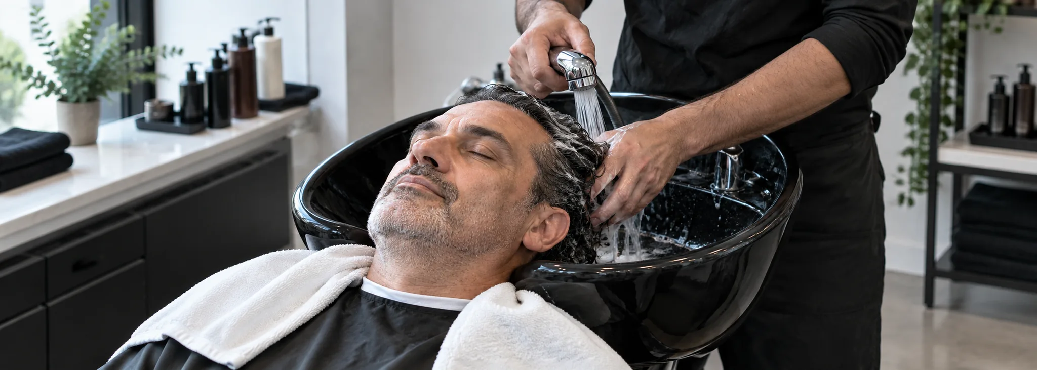 Lavado de cabello con agua, manos y toalla en un lavacabezas