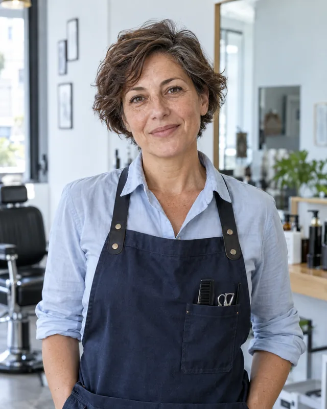 Valeria, de cabello corto y ondulado, con camisa azul clara en el estudio